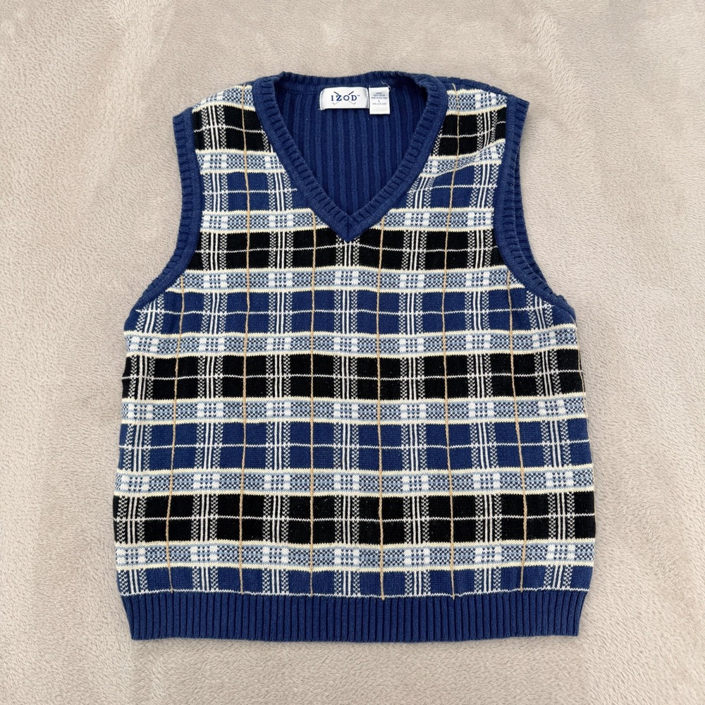 VTG 90s Izod Golf Sweater Vest Womens L‎ Blue Plaid Knit Vneck Pullover Preppy